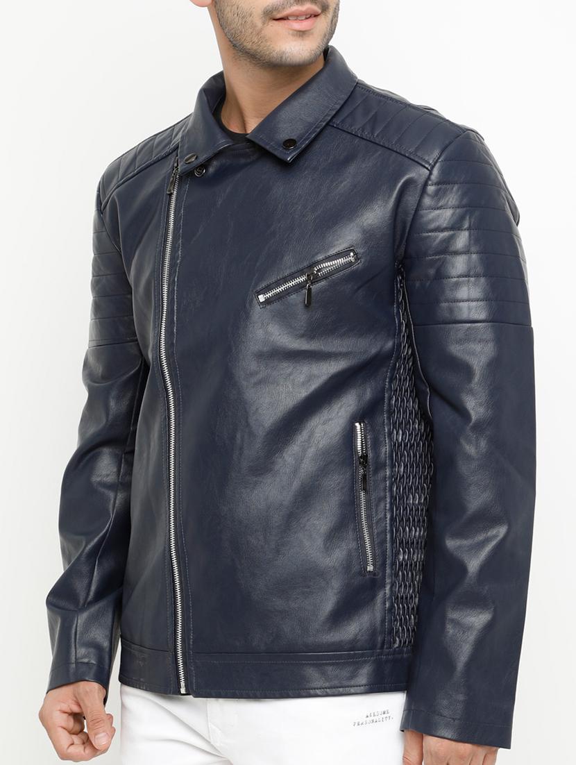 navy blue solid biker jacket - 15207394 - Zoom Image - 2