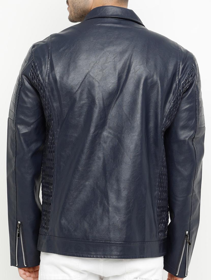 navy blue solid biker jacket - 15207394 - Zoom Image - 3
