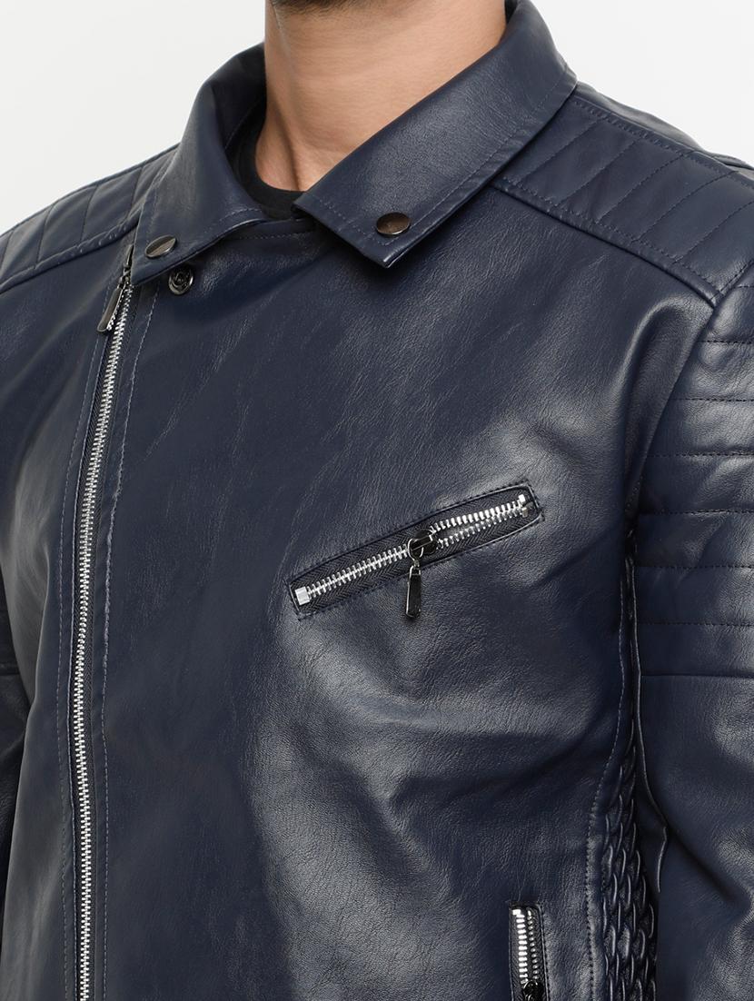 navy blue solid biker jacket - 15207394 - Zoom Image - 4