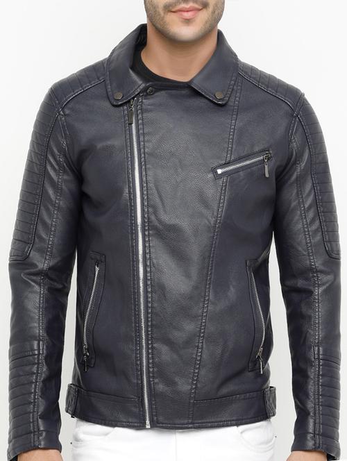 navy blue solid biker jacket - 15207395 - Standard Image - 1