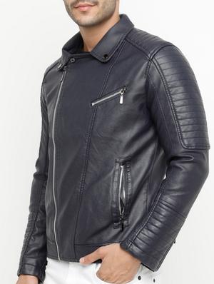 navy blue solid biker jacket - 15207395 - Standard Image - 2