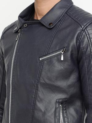 navy blue solid biker jacket - 15207395 - Standard Image - 4