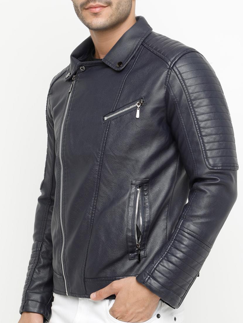 navy blue solid biker jacket - 15207395 - Zoom Image - 2