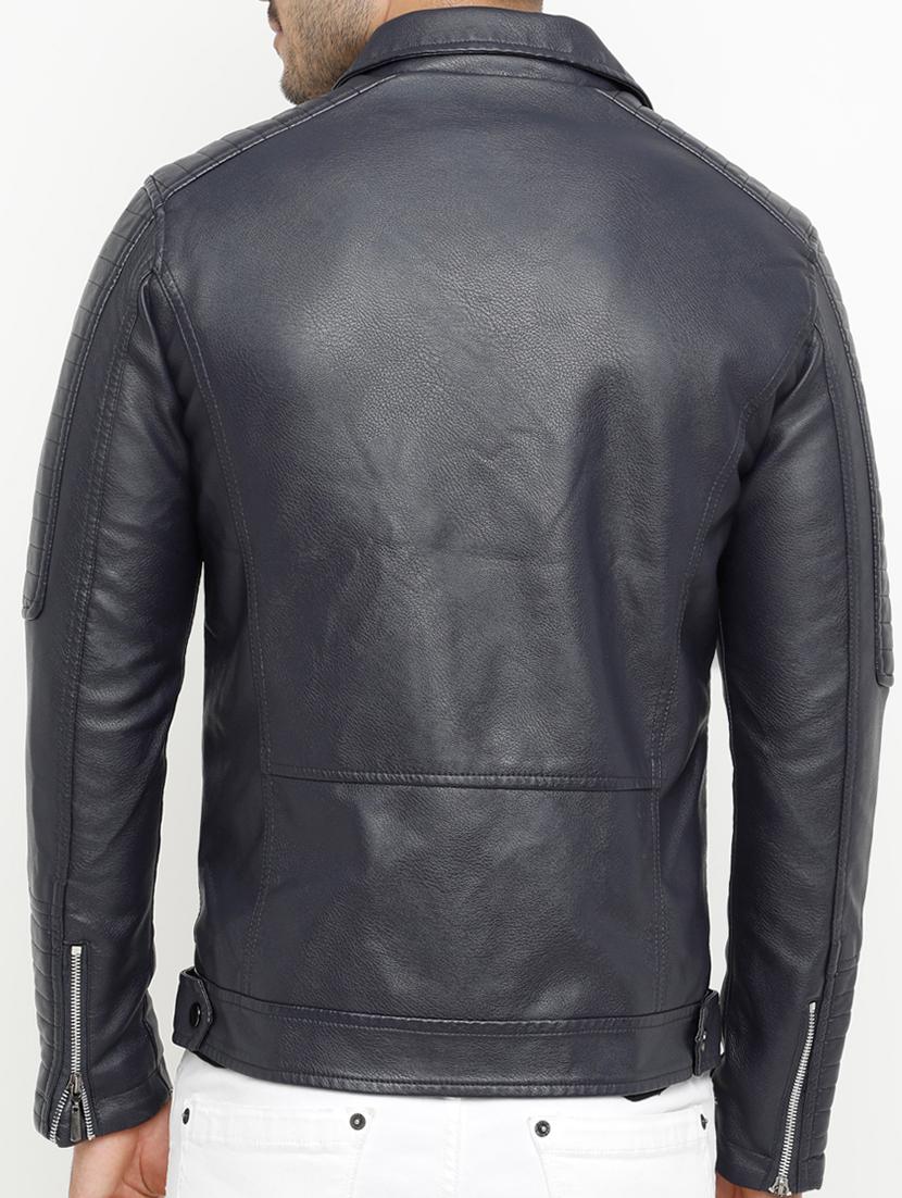 navy blue solid biker jacket - 15207395 - Zoom Image - 3