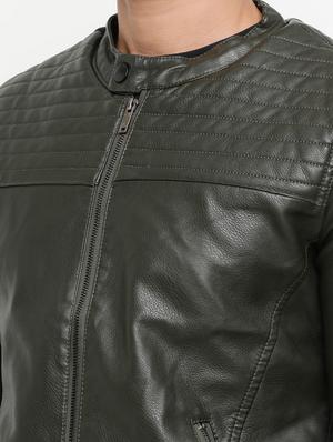 green solid biker jacket - 15207398 - Standard Image - 4
