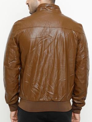 brown solid biker jacket - 15207404 - Standard Image - 3