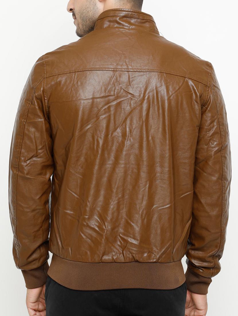 brown solid biker jacket - 15207404 - Zoom Image - 3