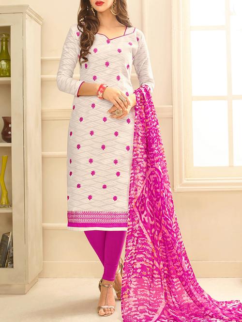 white embroidered unstitched churidaar suit - 15208086 - Standard Image - 1