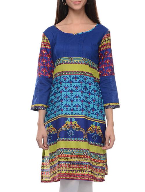 blue cotton straight kurta - 15208899 - Standard Image - 1