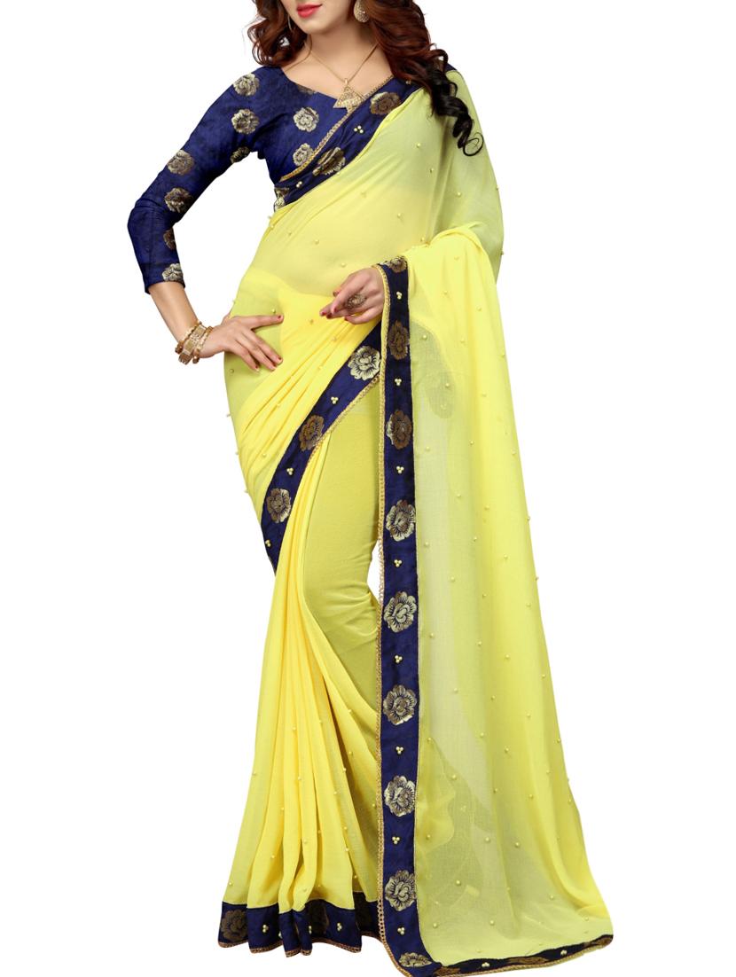 yellow georgette bordered saree with blouse - 15210853 - Zoom Image - 1