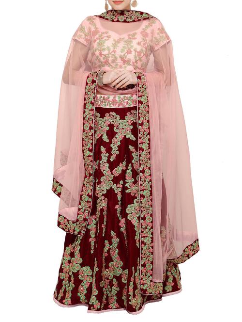 maroon embroidered flared lehenga - 15212742 - Standard Image - 1
