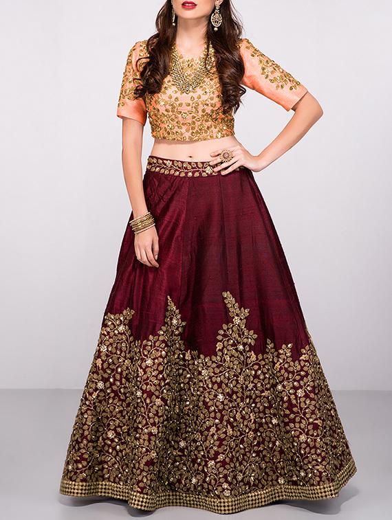 maroon silk flared lehenga - 15212747 - Zoom Image - 1