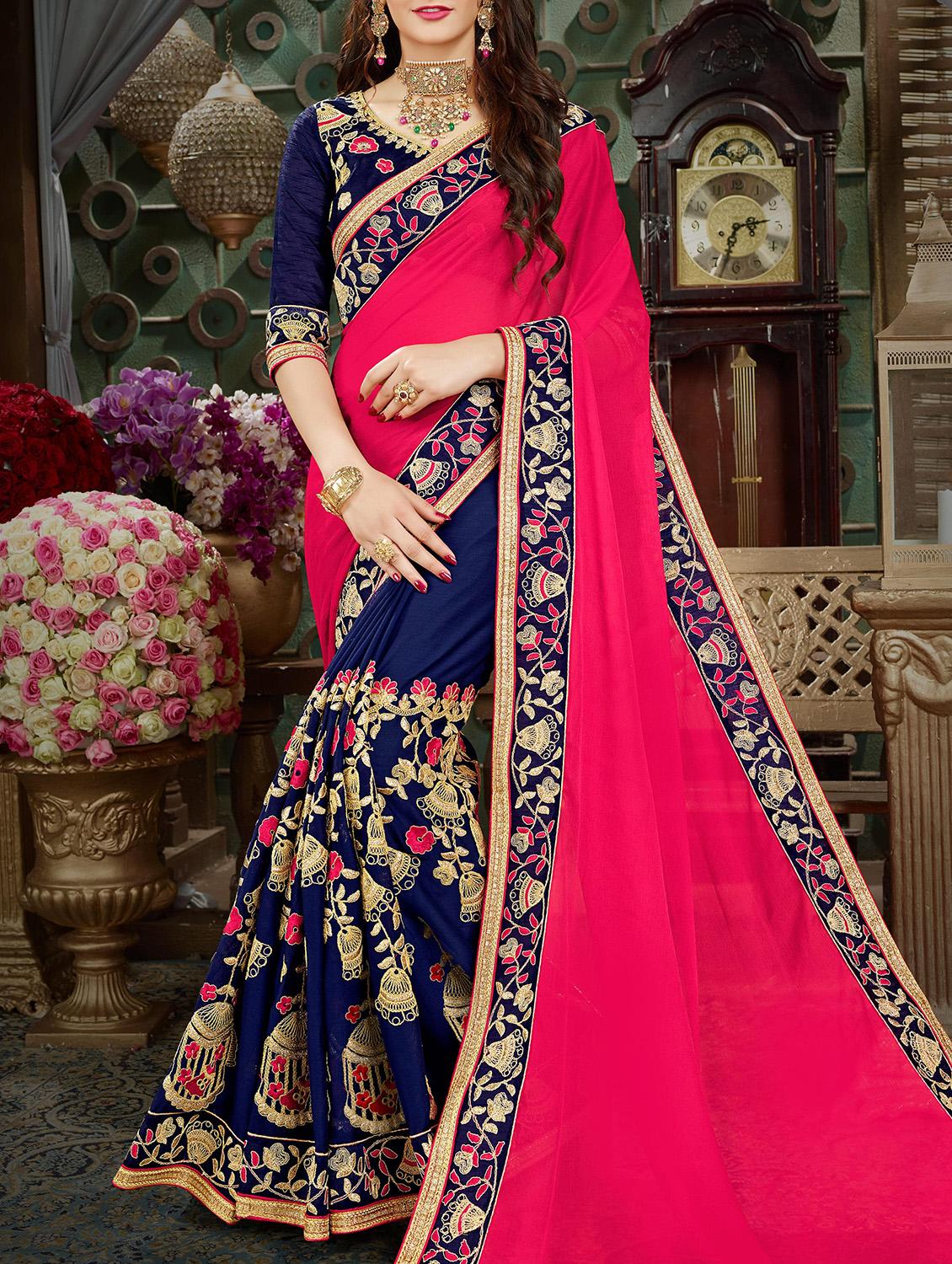 pink georgette half & half saree with blouse - 15212999 - Zoom Image - 1
