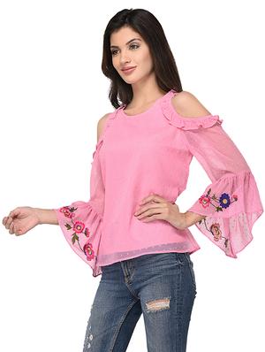 pink solid cold shoulder top - 15213088 - Standard Image - 2