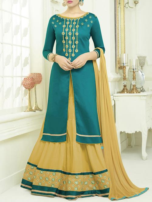 turquoise embroidered unstitched skirt suit - 15214728 - Standard Image - 1
