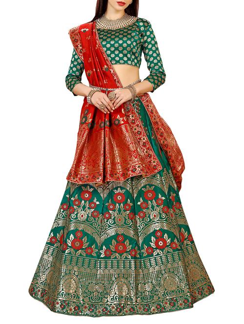 green silk flared lehenga - 15218009 - Standard Image - 1