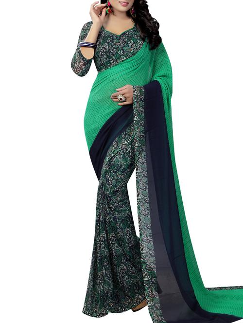 green georgette printed saree with blouse - 15219011 - Standard Image - 1