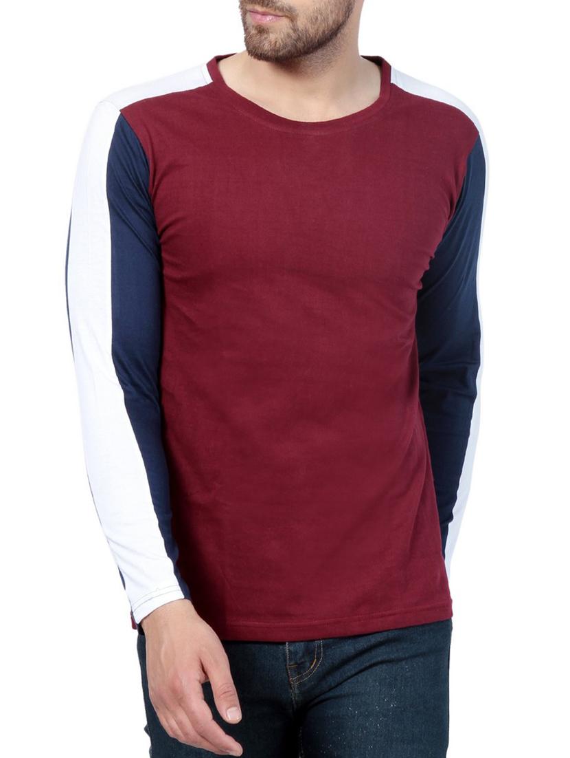 maroon cotton color block t-shirt - 15219379 - Zoom Image - 1