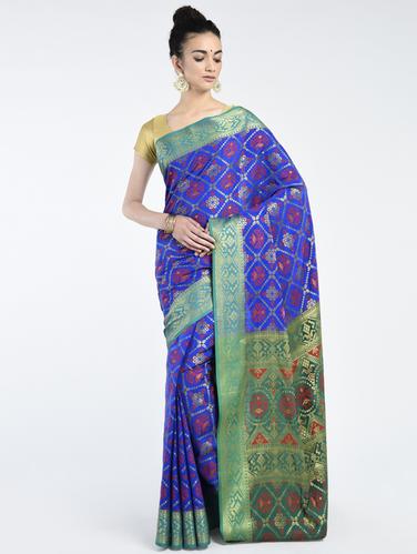 contrast zari border patola saree with blouse - 15220136 - Very Small Image - 1