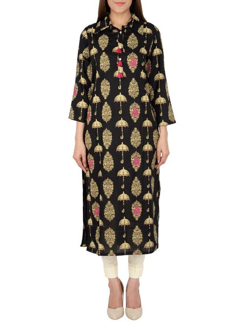 foil print straight kurta with tassels - 15221176 - Standard Image - 1