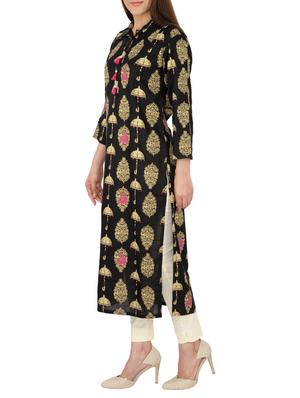 foil print straight kurta with tassels - 15221176 - Standard Image - 2