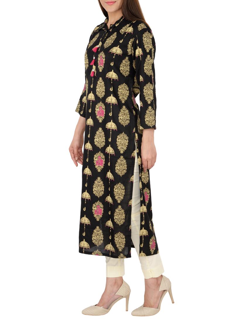 foil print straight kurta with tassels - 15221176 - Zoom Image - 2