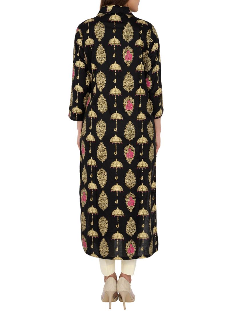 foil print straight kurta with tassels - 15221176 - Zoom Image - 3