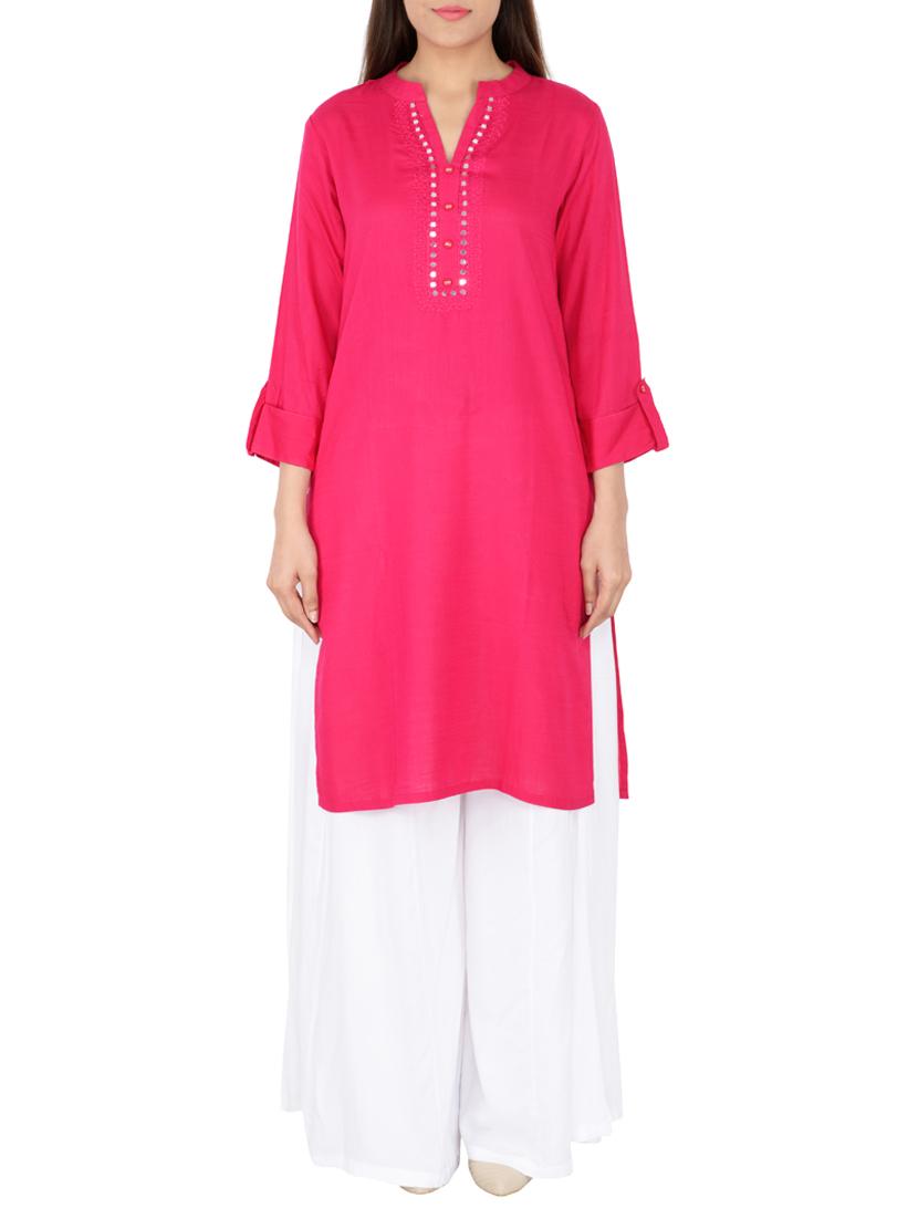 pink rayon straight solid kurta - 15221192 - Zoom Image - 1