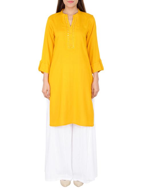 yellow rayon straight solid kurta - 15221195 - Standard Image - 1