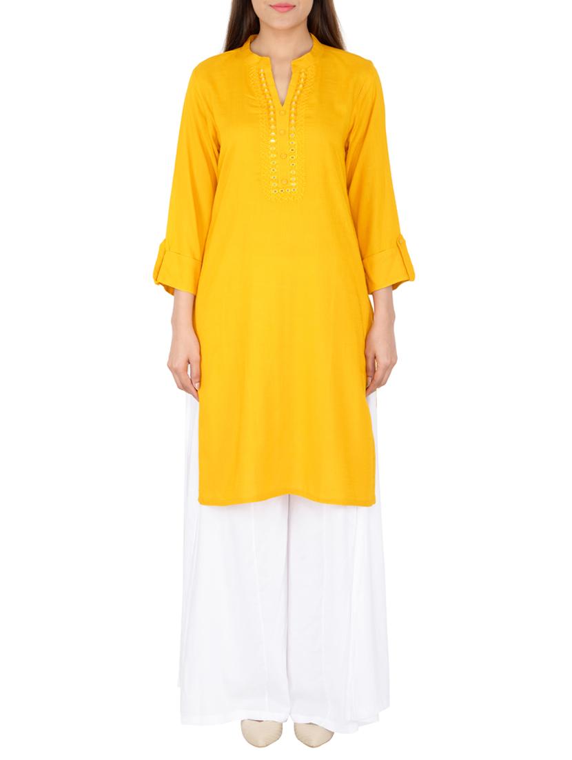 yellow rayon straight solid kurta - 15221195 - Zoom Image - 1