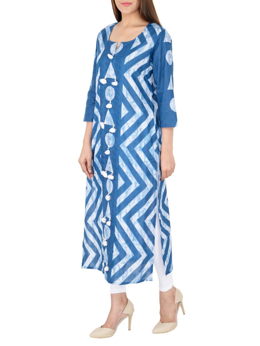 blue cotton straight kurta - 15221199 - Zoom Image - 2