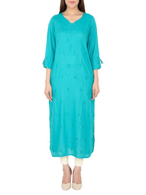 turquoise cotton straight solid kurta - 15221202 - Standard Image - 1