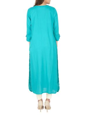 turquoise cotton straight solid kurta - 15221202 - Standard Image - 3