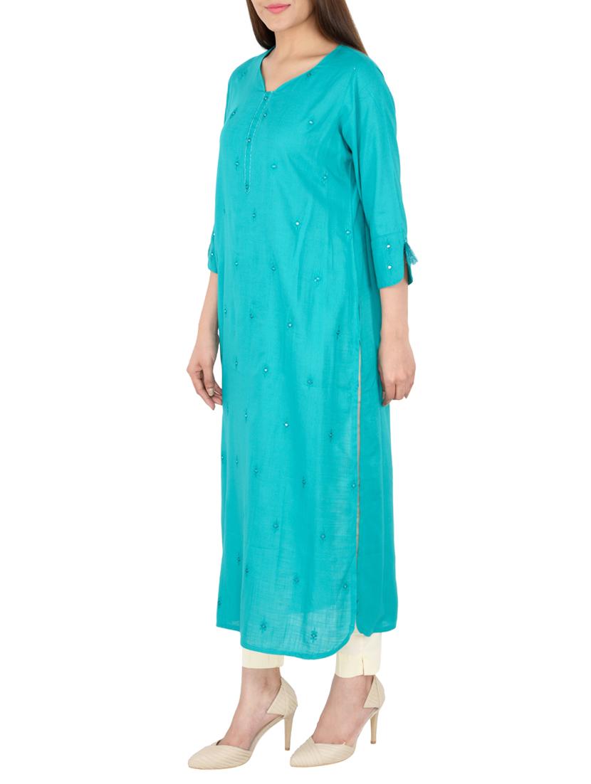 turquoise cotton straight solid kurta - 15221202 - Zoom Image - 2