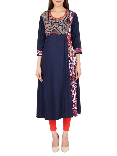 blue cotton aline kurta - 15221205 - Standard Image - 1