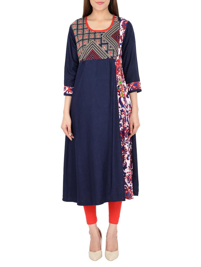 blue cotton aline kurta - 15221205 - Zoom Image - 1