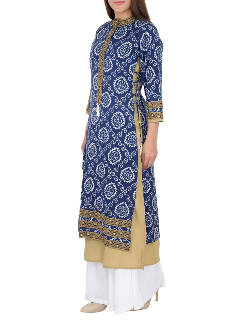 blue cotton layered kurta - 15221207 - Zoom Image - 2