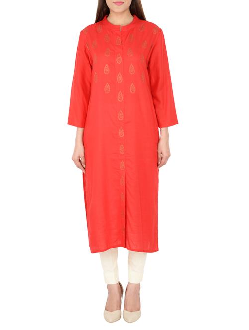 red cotton straight kurta - 15221214 - Standard Image - 1