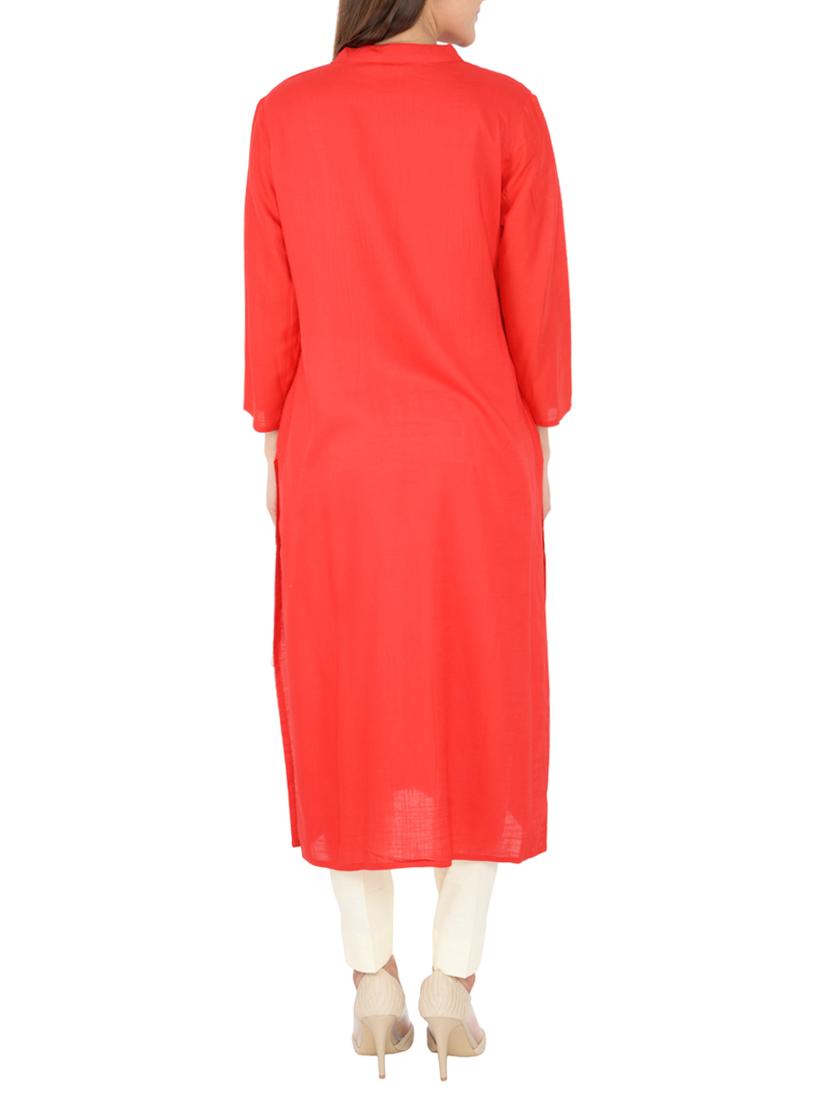 red cotton straight kurta - 15221214 - Zoom Image - 3