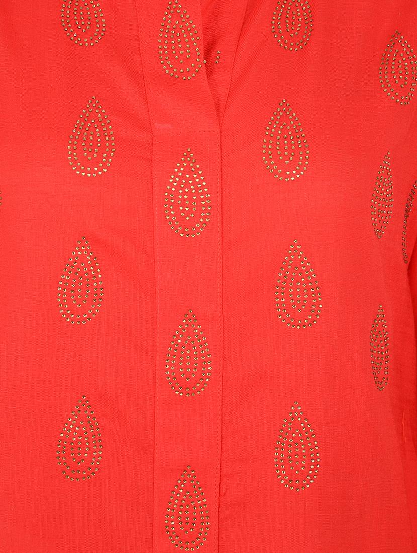 red cotton straight kurta - 15221214 - Zoom Image - 4