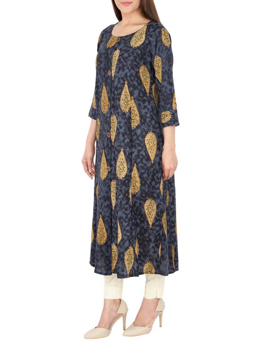 blue rayon flared kurta - 15221217 - Zoom Image - 2