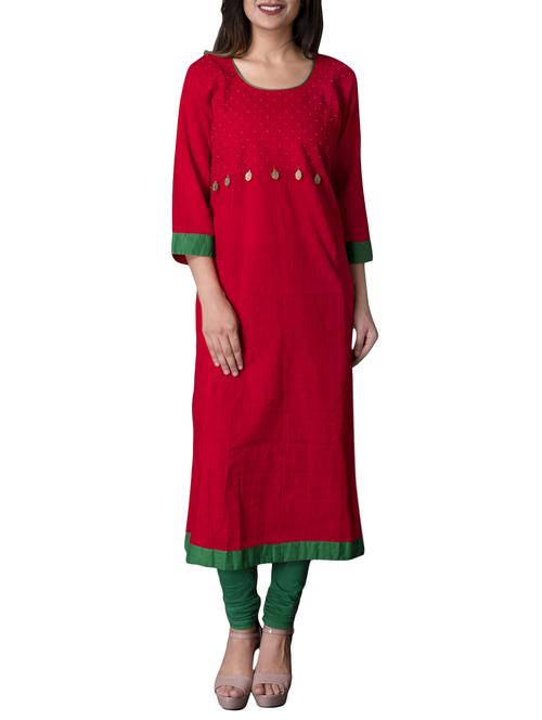 red cotton a-line solid kurta - 15221755 - Standard Image - 1