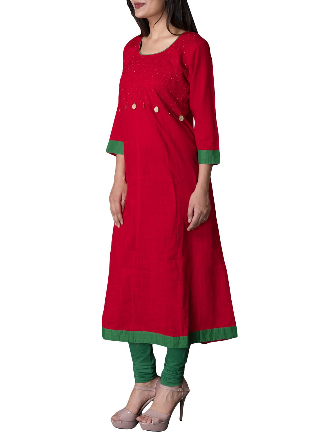 red cotton a-line solid kurta - 15221755 - Zoom Image - 2