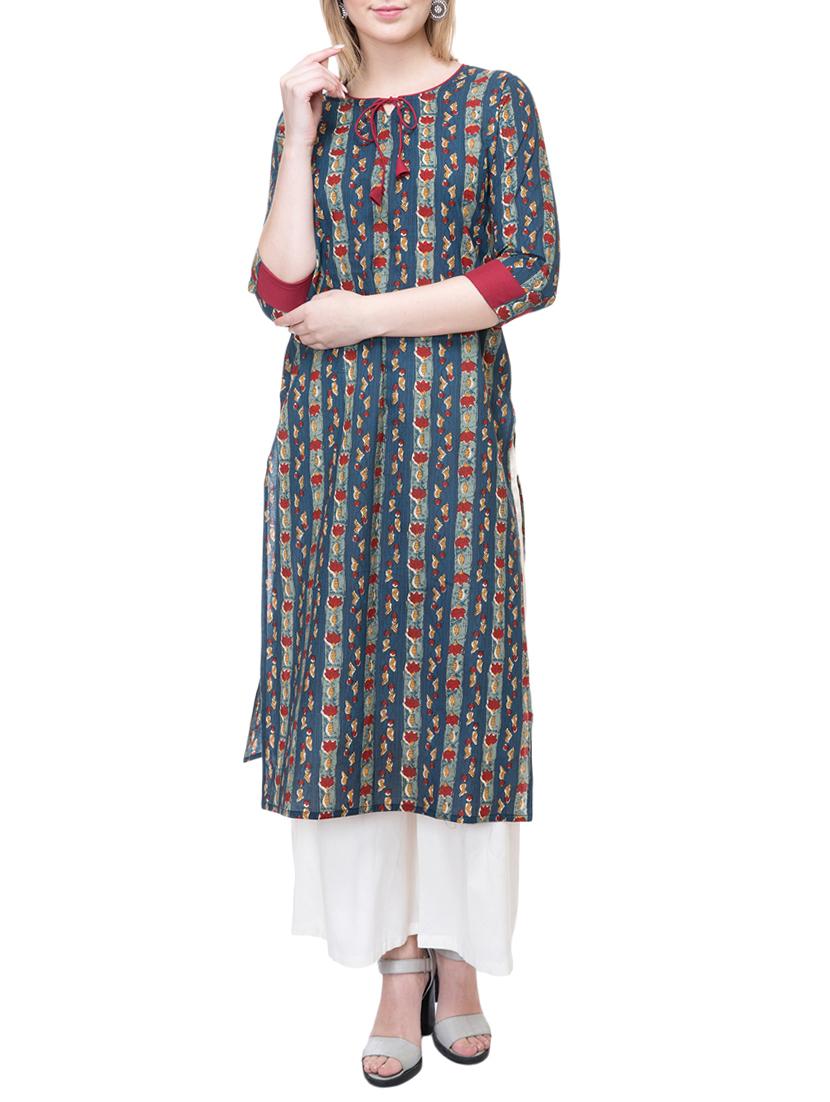 blue cotton straight kurta - 15222734 - Zoom Image - 1