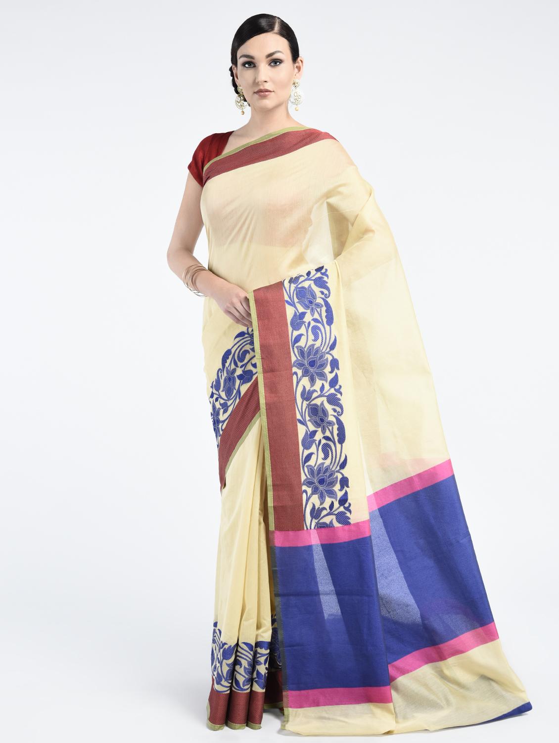 beige cotton banarasi saree with blouse - 15224393 - Zoom Image - 1