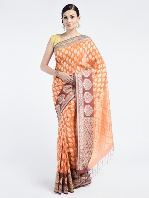 orange art silk banarasi saree with blouse - 15224397 - Standard Image - 1