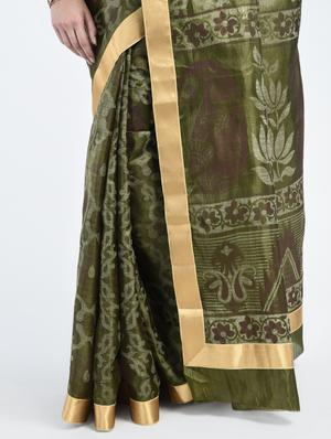 mehandi tussar silk banarasi saree with blouse - 15224424 - Standard Image - 2