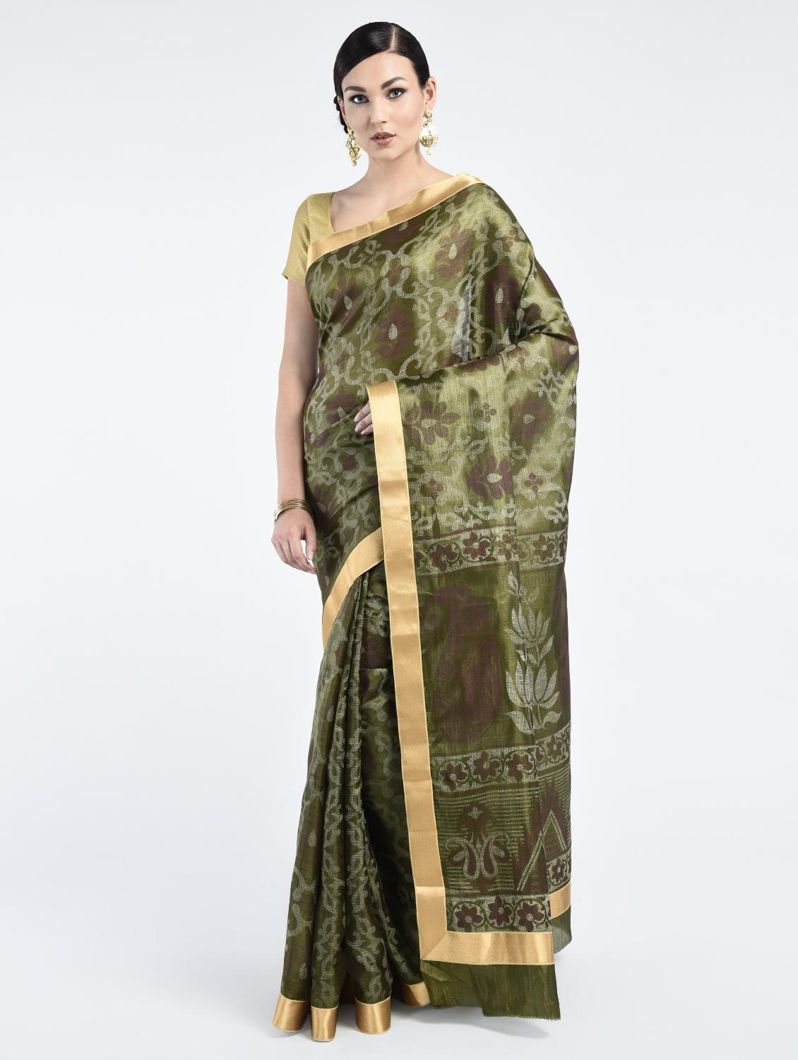 mehandi tussar silk banarasi saree with blouse - 15224424 - Zoom Image - 1