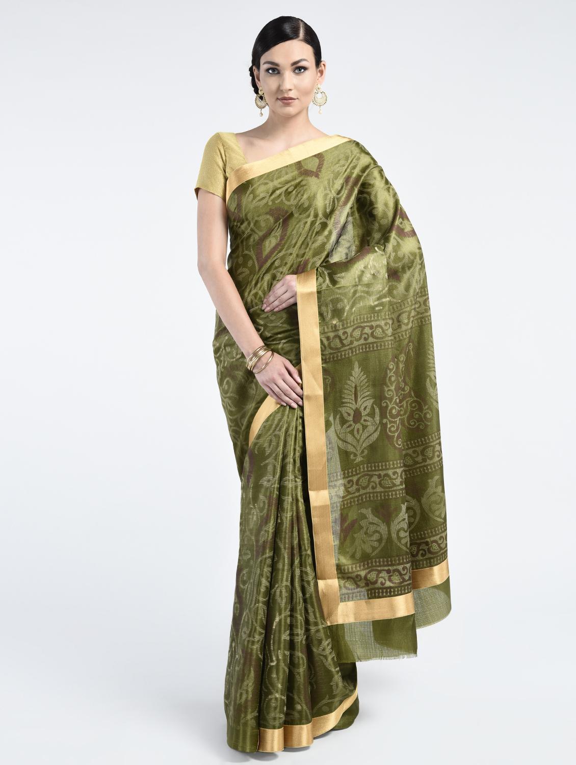mehandi tussar silk banarasi saree with blouse - 15224425 - Zoom Image - 1