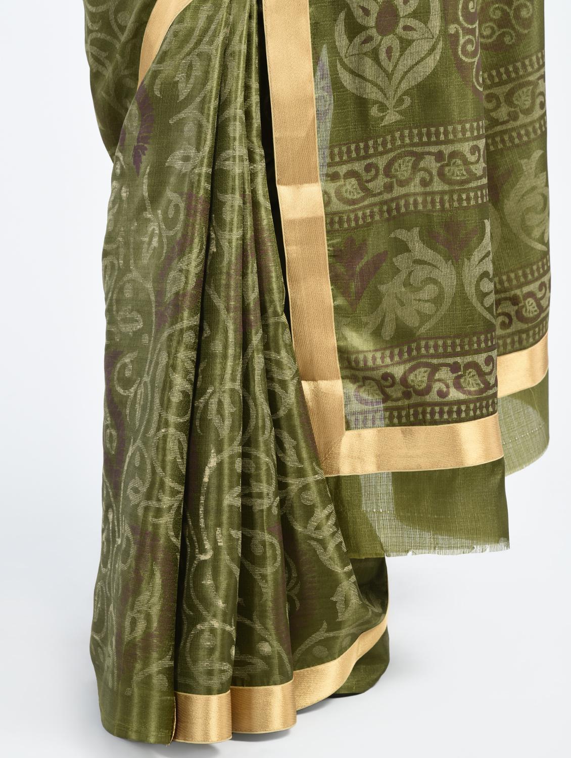 mehandi tussar silk banarasi saree with blouse - 15224425 - Zoom Image - 2